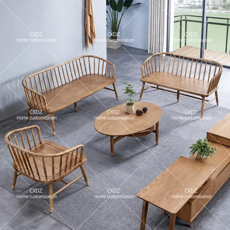 Nordic Solid Wood Sofa Set for Living Room Small Apartment 3 Seater Chinese Ash Wood Furniture Winter Summer Dual Purpose
