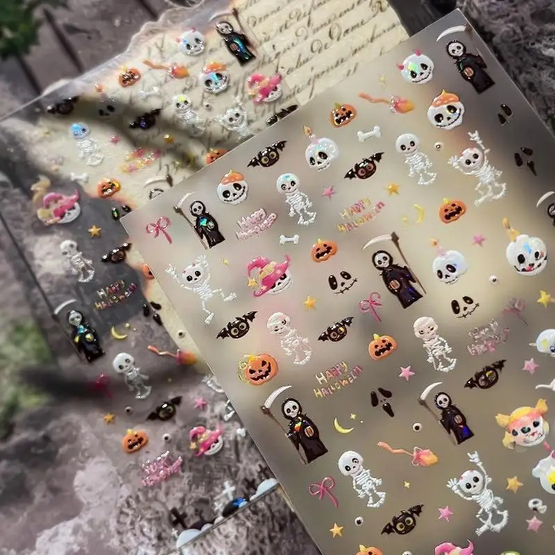Glänzende Happy-Halloween-Nagelaufkleber, niedliche Skelett-, Geister-, Kürbis-, Fledermaus-, Gothic-Kreuz-, Stern-, Mond- und Schleifen-Aufkleber, Maniküre-DIY-Zubehör – Detail 3