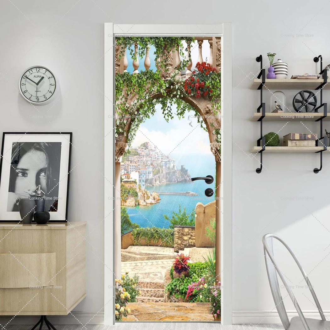 Pegatina de puerta 3D, papel tapiz Mural de pelar y pegar, calcomanía de pared de puerta de madera, póster extraíble autoadhesivo para decoración de dormitorio y sala de estar