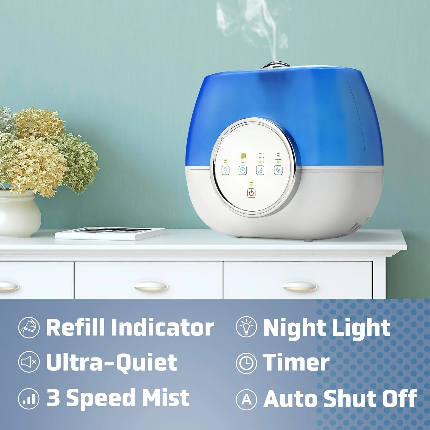 Humidificador ultrasónico de vapor cálido y frío para dormitorios, silencioso, sin filtro, 120 Hr, superficie de tanque tratada de 2 galones, resiste Mo, H4810AR