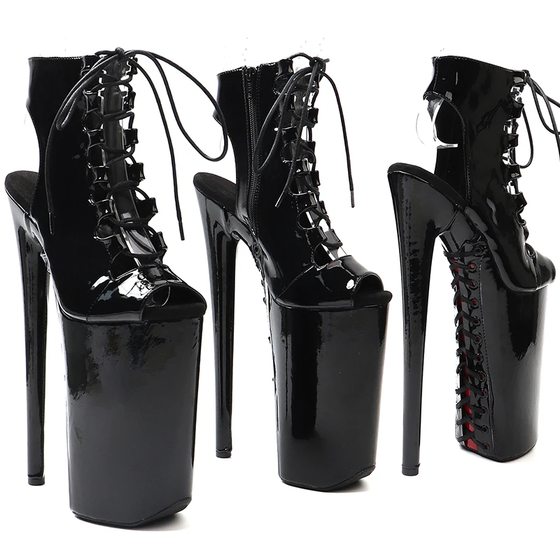 Leecabe 26CM/10inches Patent open toe upper Ankle boot Trend fashion High Heels Platform lace up stripper heel Pole Dance shoes