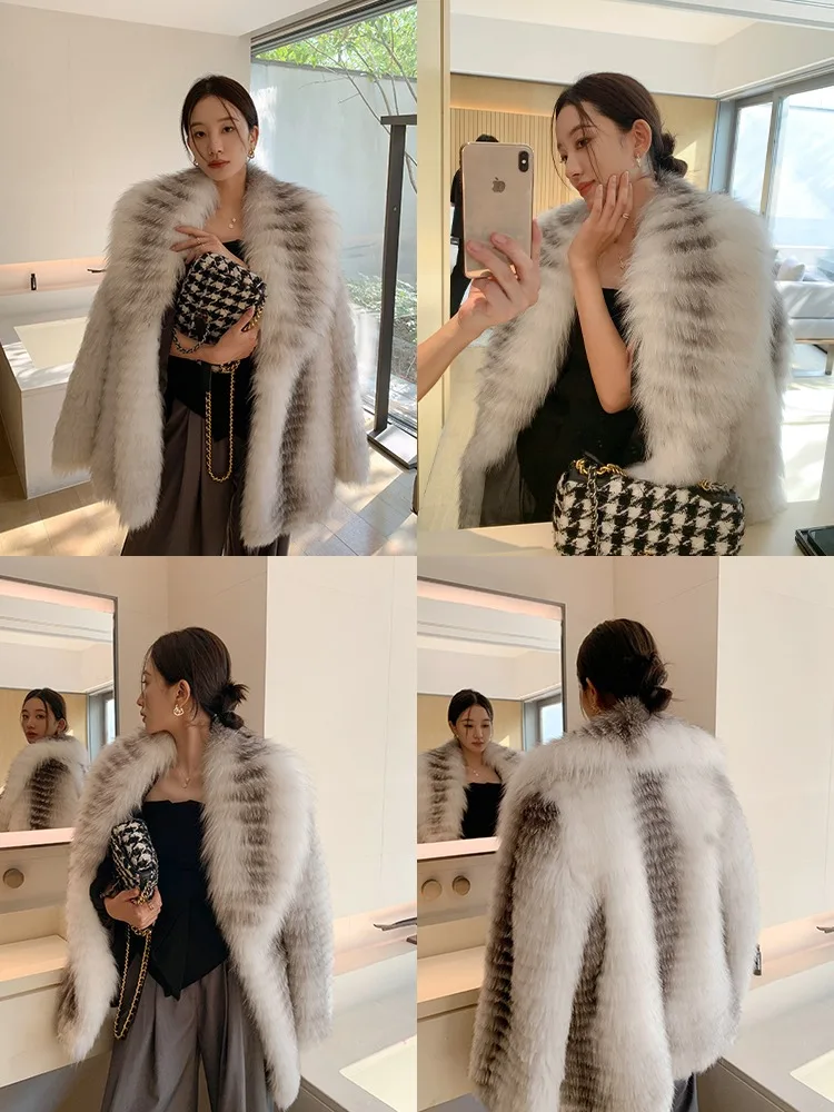 Imported Cross Fox Fur Whole Leather Dense Fur Strip Sewed Toghter Fur Coat Women's Mid-length Winter New