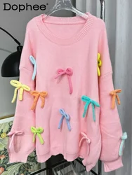 Korean Fashion Sweet Pink Round-Collar Knitted Top Female 2023 Spring and Autumn New Loose Bow Knitted Sweater for Women