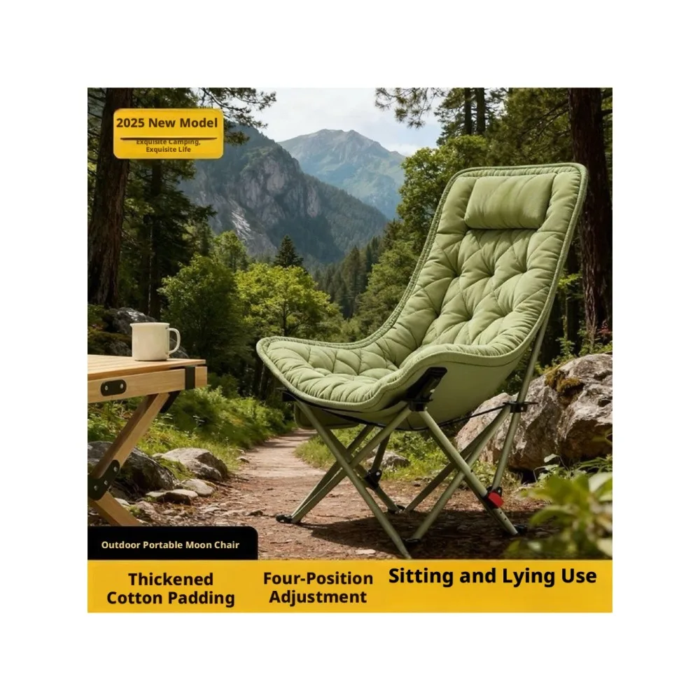 Thickened Cotton Outdoor Folding Comfortable Reclining Moon Chair with 4 Gear Adjustment for Camping Nap