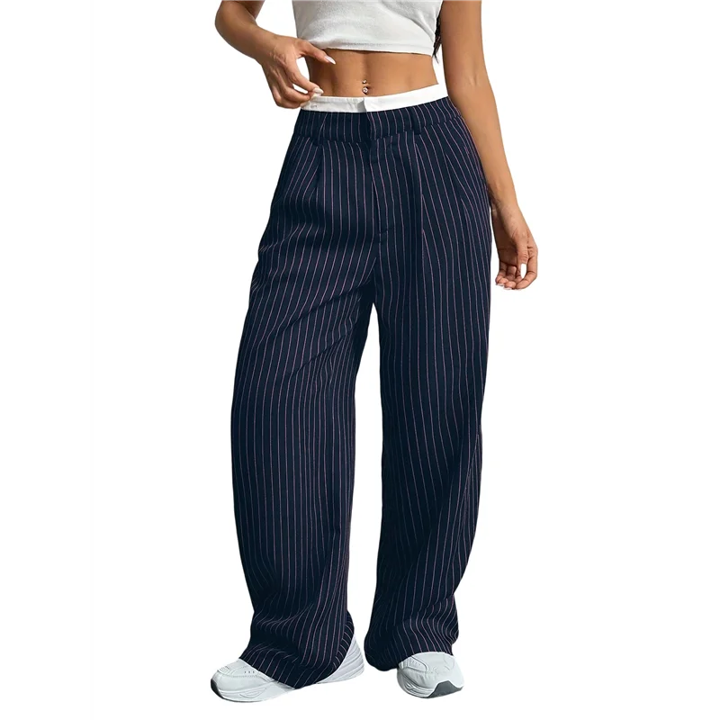 

ABAH-женские мешковатые широкие брюки, повседневные брюки-шаровары в полоску с эластичной резинкой на талии и карманами, синие XXL