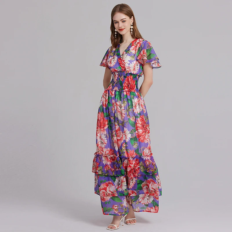 

Summer Floral Print Chiffon Long Maxi Dresses for Women 2024 Runway Designer Elastic Waist Bohemian Beach Dress Short Sleeve