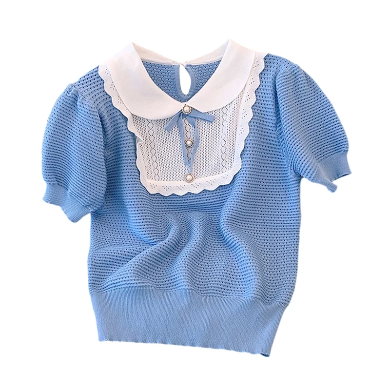甘いニットのオルト・スヴェ・ティート、ドールカラーのボウノットトップが付いた女性用、若々しいカジュアルな夏のファション、中国ブランド