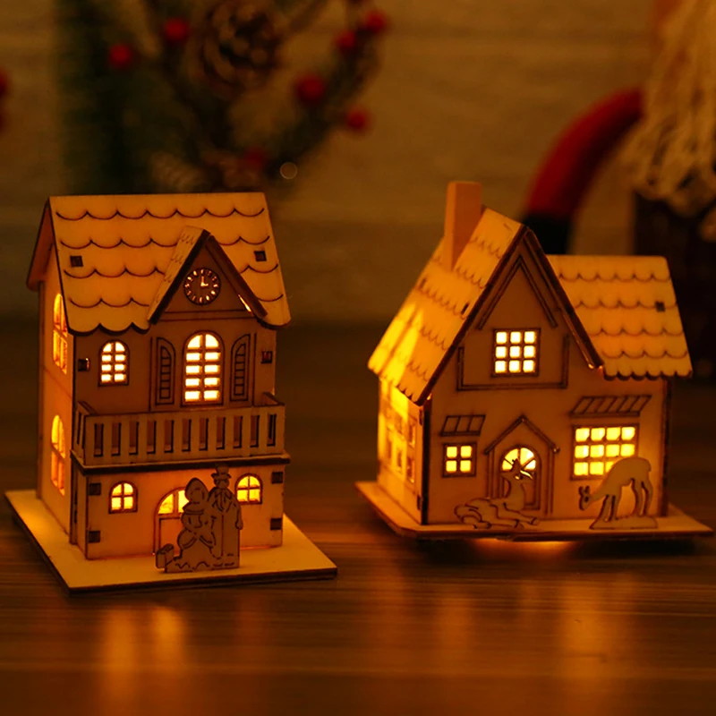 Christmas Led Light Wooden Cabin Glowing Ornaments Merry Christmas Desktop Night Lamp Home Christmas New Year Decorative Lamp