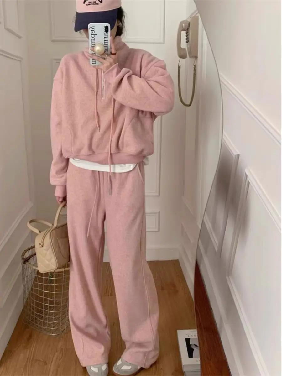 

Casual Loose Fit Hoodie And Pants Set Zip up Collar Autumn Winter Collection Versatile Long Sleeve Two Piece Set for Women