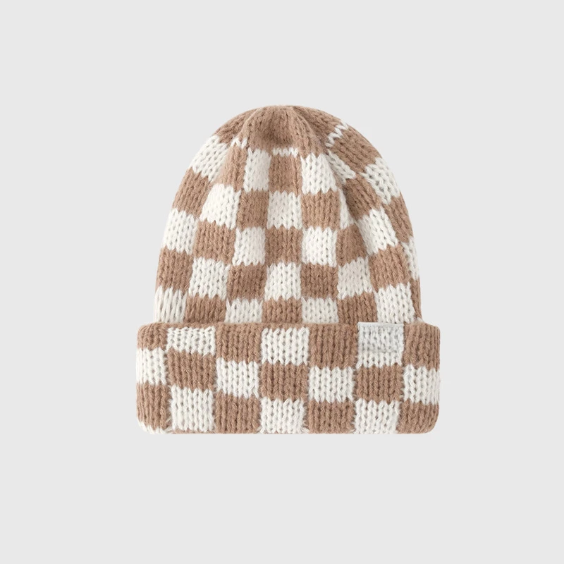 New Japanese Korean Winter Check Plaid Skullies Beanies Knit Hat for Women Ins Luxury Brand Y2k Bonnet Heavy Warm Hat Casual Cap