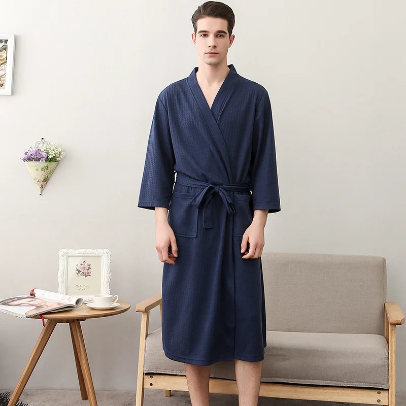 Spring Autumn White Couple V-Neck Long Bathrobe Summer New Waffle Casual Robe Gown Loose Sleepwear  Dry Quickly Home Pajamas