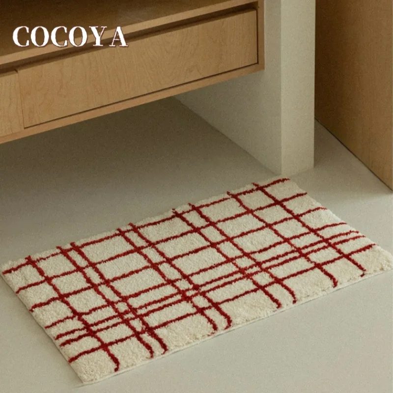 

Red Striped Plaid Tufted Rugs for For Bedroom Bedside Mats Minimalist Fluffy Plush Floor Mat Creative Grid Flocking Carpet Home