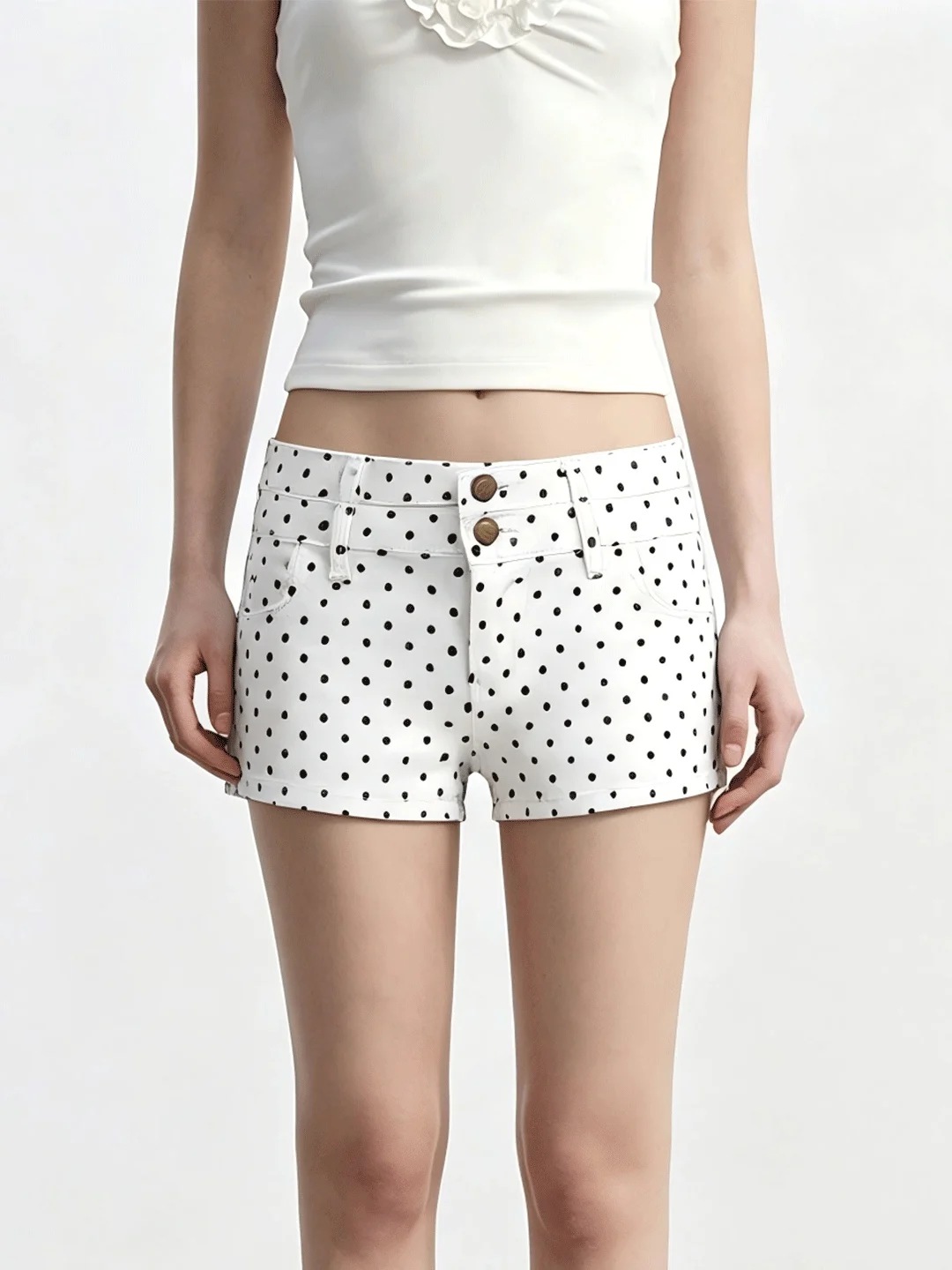 

Low Waist Polka Dot Print Color Block Denim Shorts Women's Slim Fit Casual Pants Button Closure Basic Versatile Summer Shorts