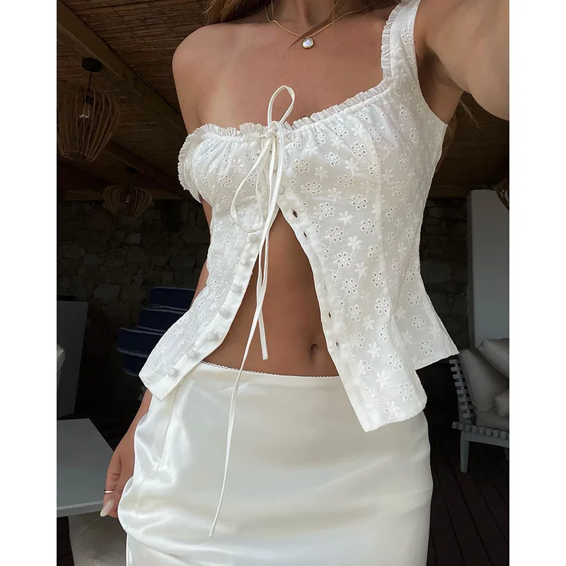 Sleeveless Tops Women Elegant Square Collar Crop Tank Top Breasted Cardigan Corset Fashion Slim Vest Summer Button Up Vest 2000s
