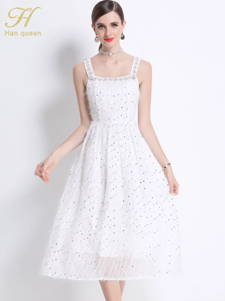 

H Han Queen French Style Elegant beaded sequin tassel White Dress Summer Chic Sexy Casual Work Beach Holiday Party Midi Dresses