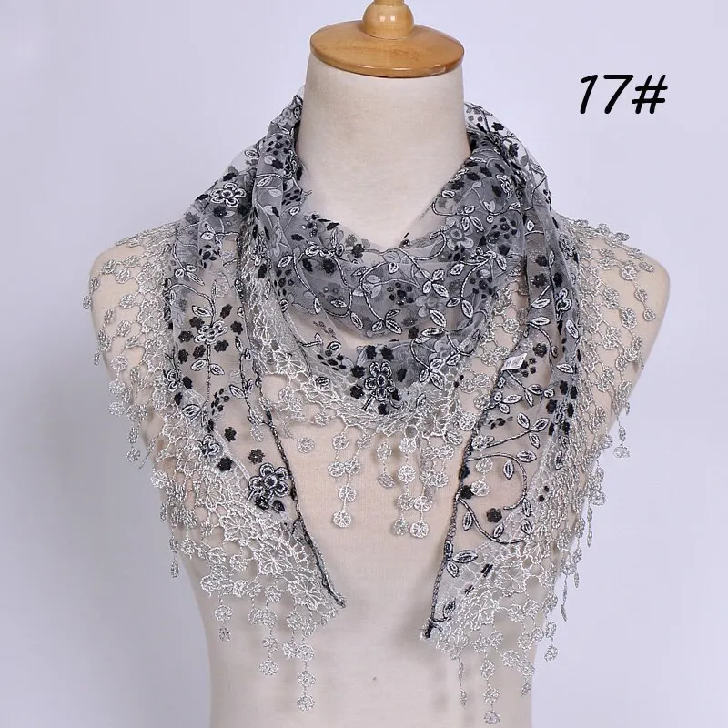 Women Embroidered Lace Tassel Scarf Triangle Fringe Solid Color Shawls Fashion Lightweight Prayer Hijab 150*40cm