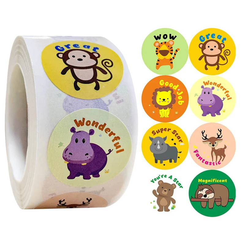 4 Roll 25mm Round Stickers for Kids Animal Pattern DIY Scrapbooking Sticker for Kids School Supplies 4 Roll 25mm Stickers