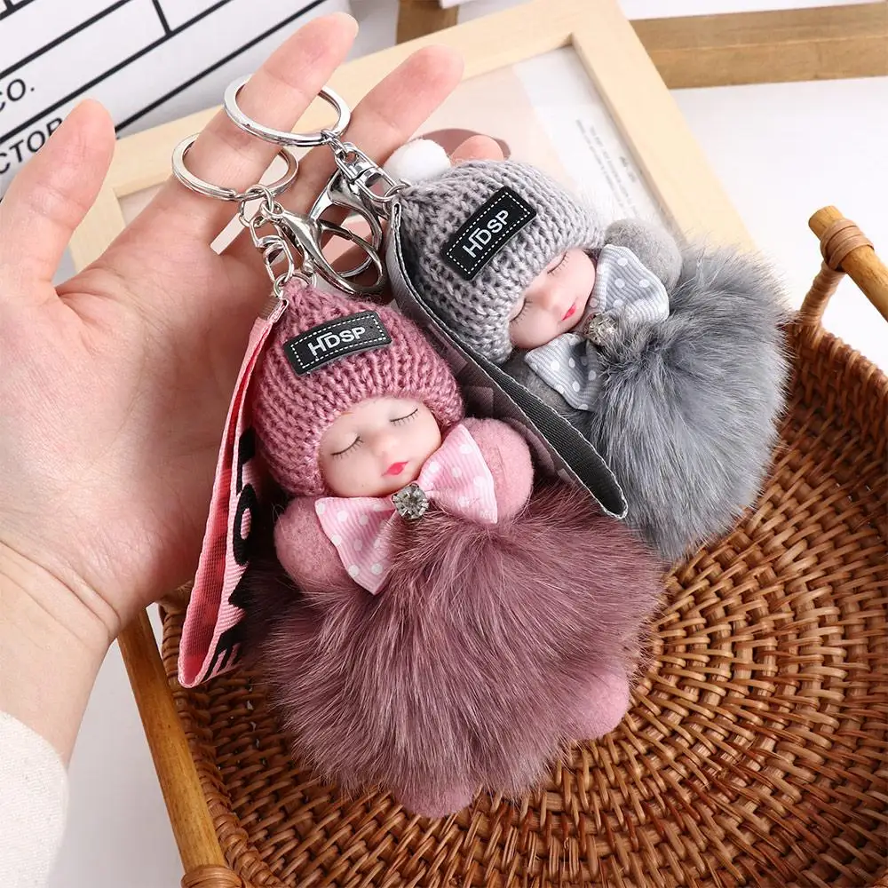 Colorful Backpack For Girls Cars Key Ring Bag Pendant Plush Keychain Pompom Keyring Fluffy Plush Doll Sleeping Baby Doll