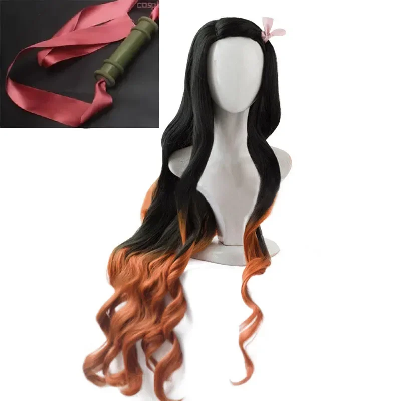 Kimetsu no Yaiba Kamado Nezuko Cosplay Wig Heat Resistant Synthetic Hair Wigs + Bamboo Props Sealing Stick