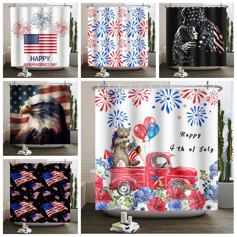 

Flag Shower Curtain USA 4th of July Independence Day American Patriot Firework Bathroom Curtains with Hooks Polyester Fabric