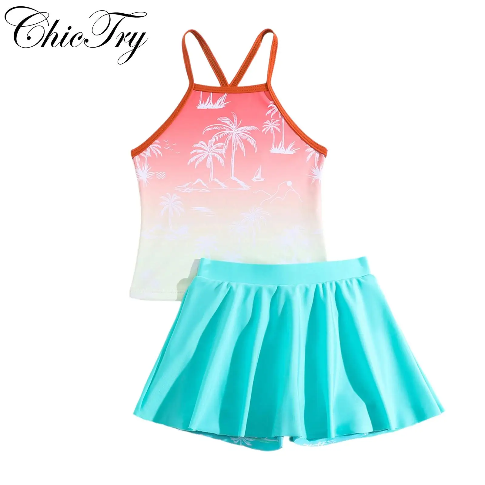 

Kids Girls Swim Sets Printed 2PCS Swimsuit Bikini Top and Ruffled Skirt with Shorts Swimwear for Swimming Bathing Beach Vacation