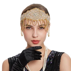 Deluxe Retro Bride Headband Regina Pearl Hair Chains Rhinestone Fringe Tassel Perfect Headpieces Headdress Hair Ornaments Female