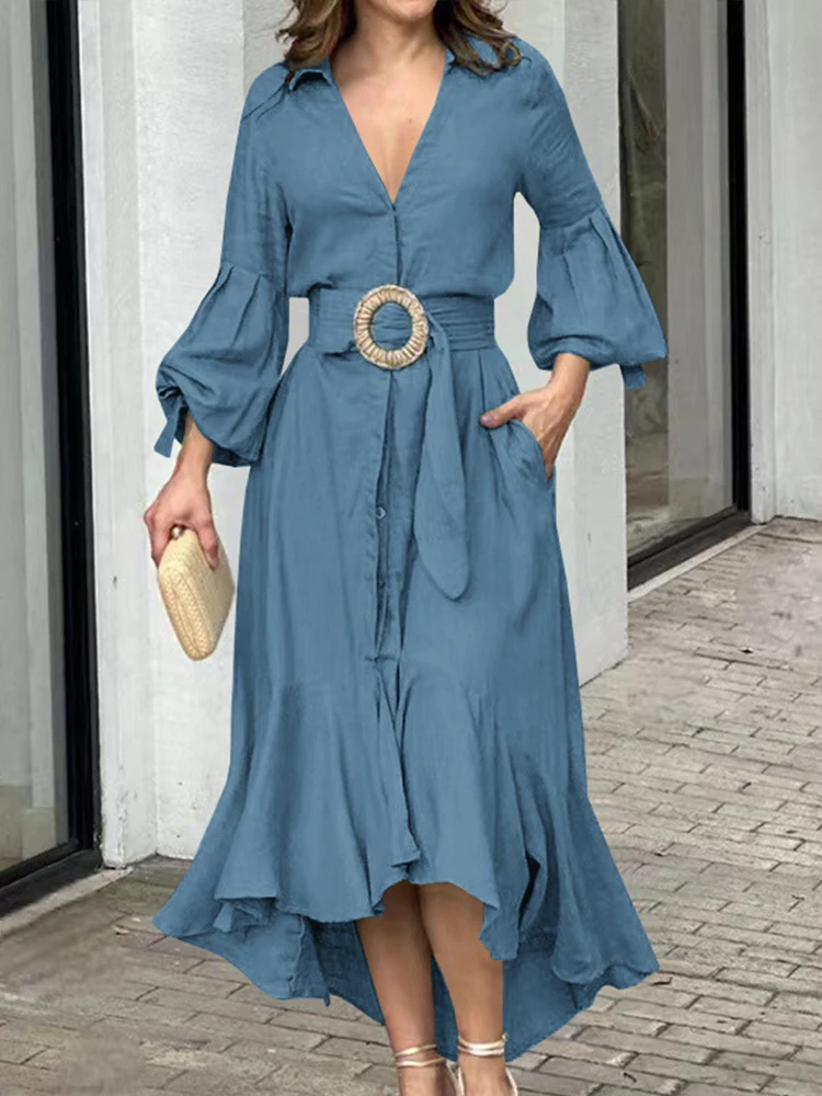 Drauuing V Neck Flared Sleeve Elegant Dresses Women Laceup Casual Party Dresses Women Ankle Length Dresses Women Loose Autumn