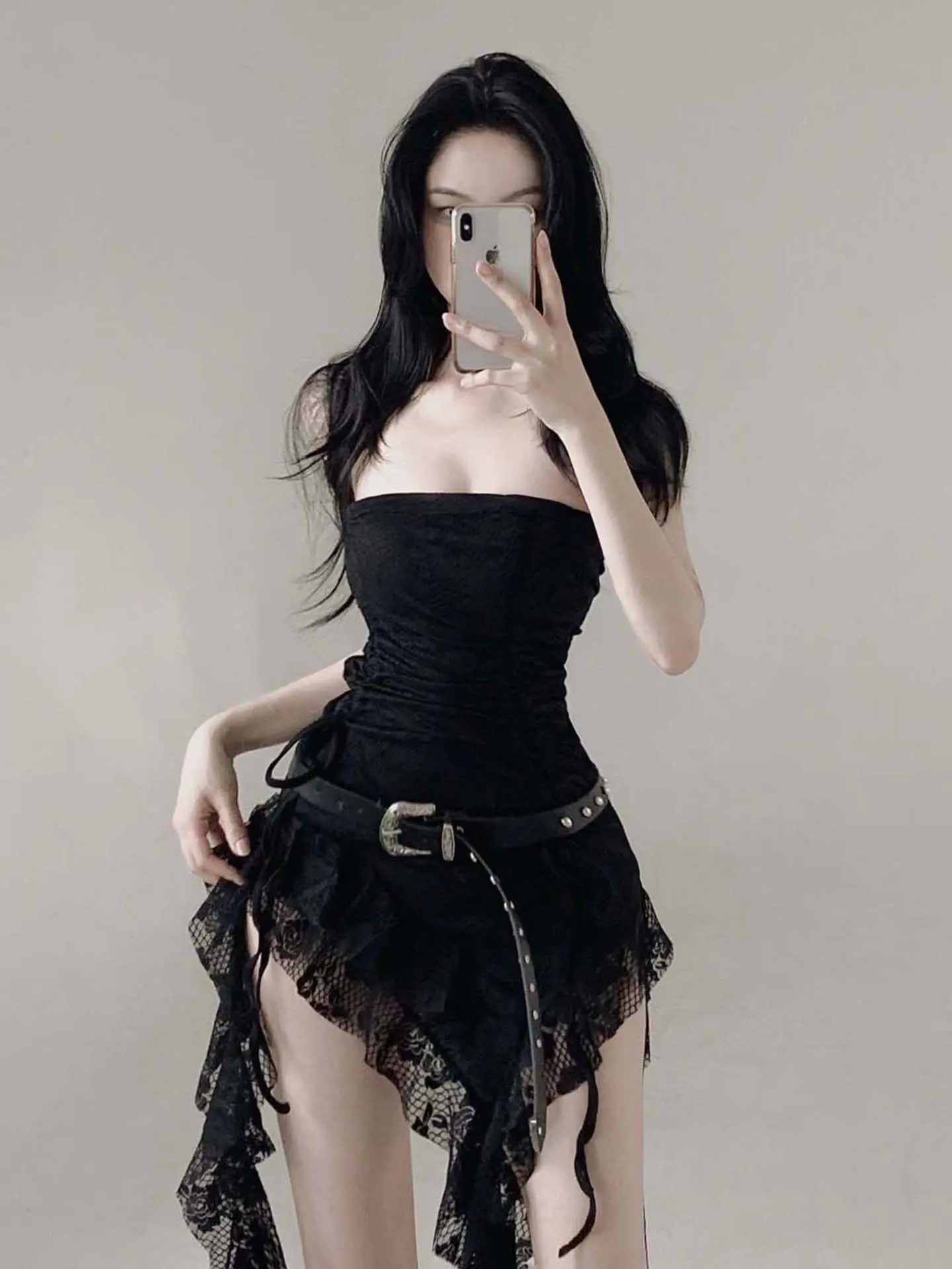 Spicy Girl Style Lace Splice Asymmetrical Fringe Women's Summer Tube Dress Drawstring Pleated Waist Inward Dress