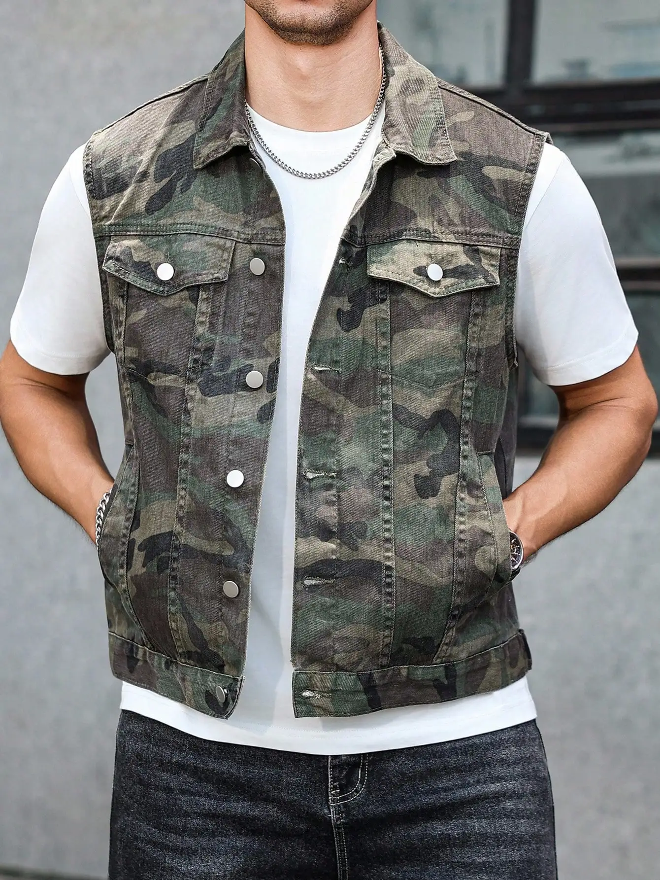 Men's Jungle Camo Collared Denim Vest - Sleeveless Workwear Tactical Streetwear Jacket