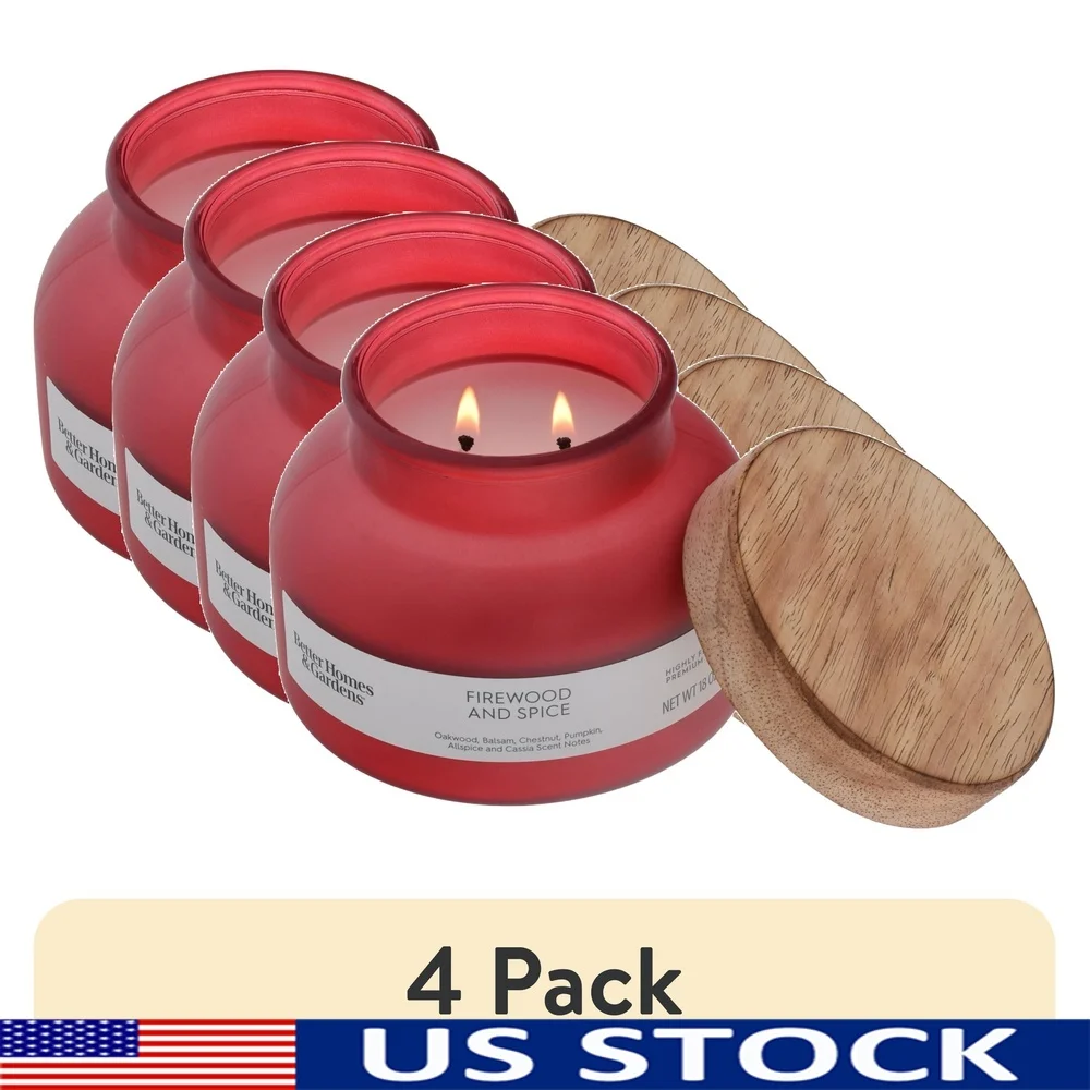 

4 Pack Firewood Spice Scented 2 Wick Candle 18oz Frosted Jar Paraffin Wax Long Lasting Burn Home Decor