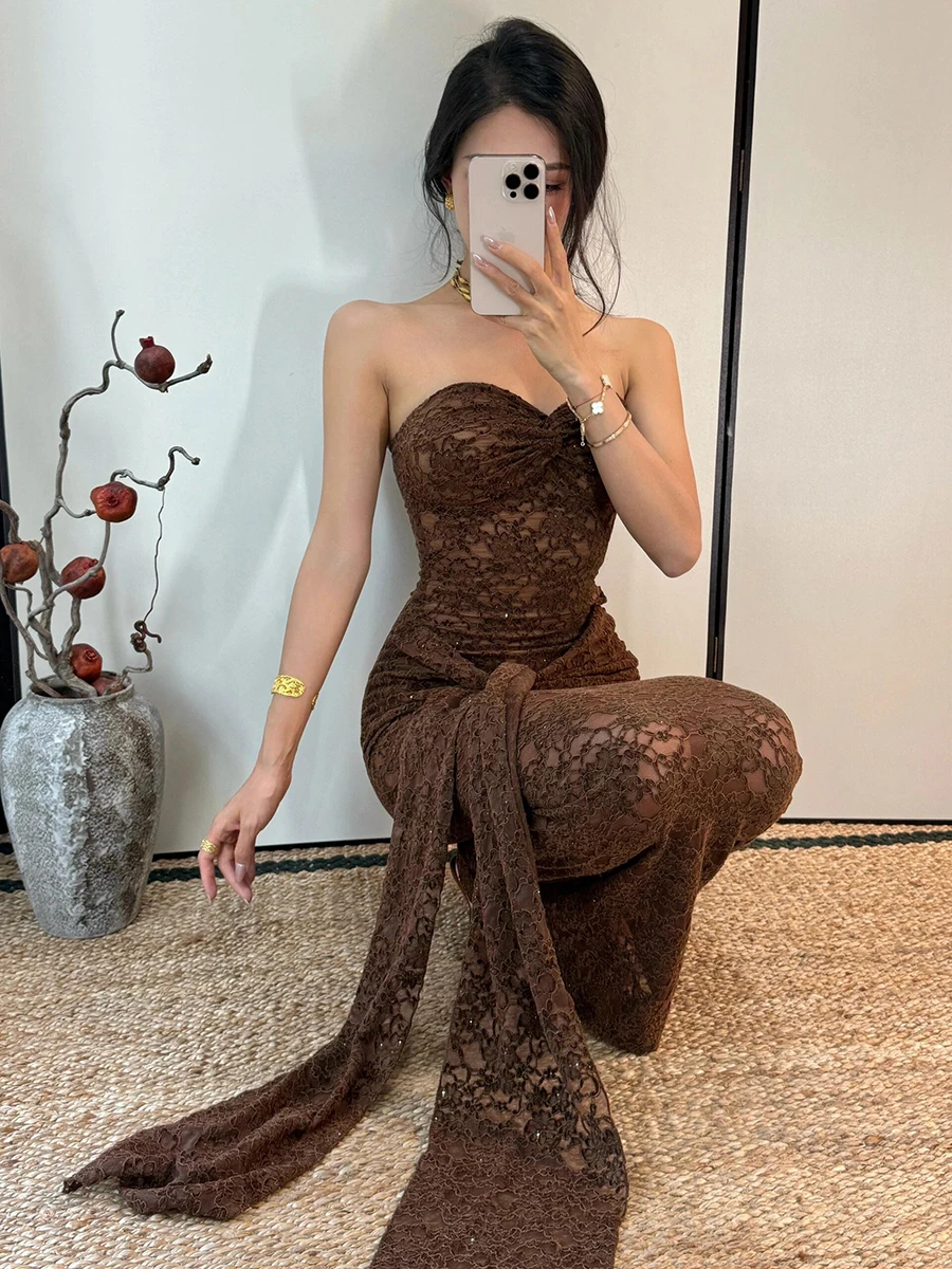 REDDACHiC dentelle florale femmes robe Tube creux paillettes torsion Corset noeud moulante Maxi robe longue Hotties Vintage vêtements formels