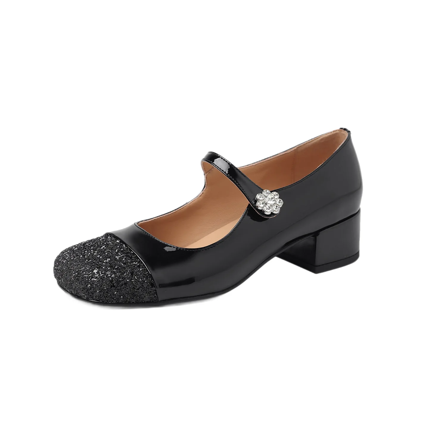 Silver sheepskin with Mary Jane shoes~ Square head, light mouth, middle heel, sequined single shoes, commuting large size small