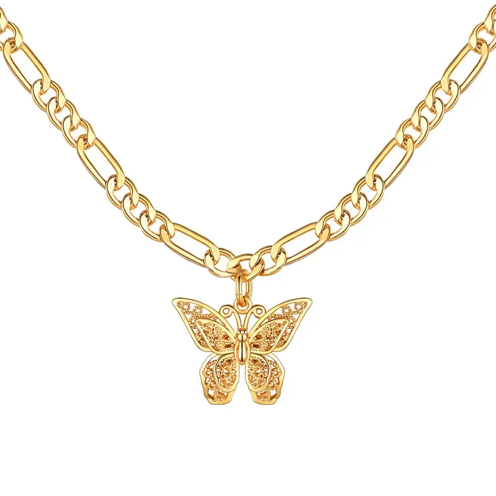 U7 14K Gold Color Butterfly Necklace For Woman 3D Hallow Out Animal 16 Inches Figaro Chain Choker Necklace Daily Jewelry QC24