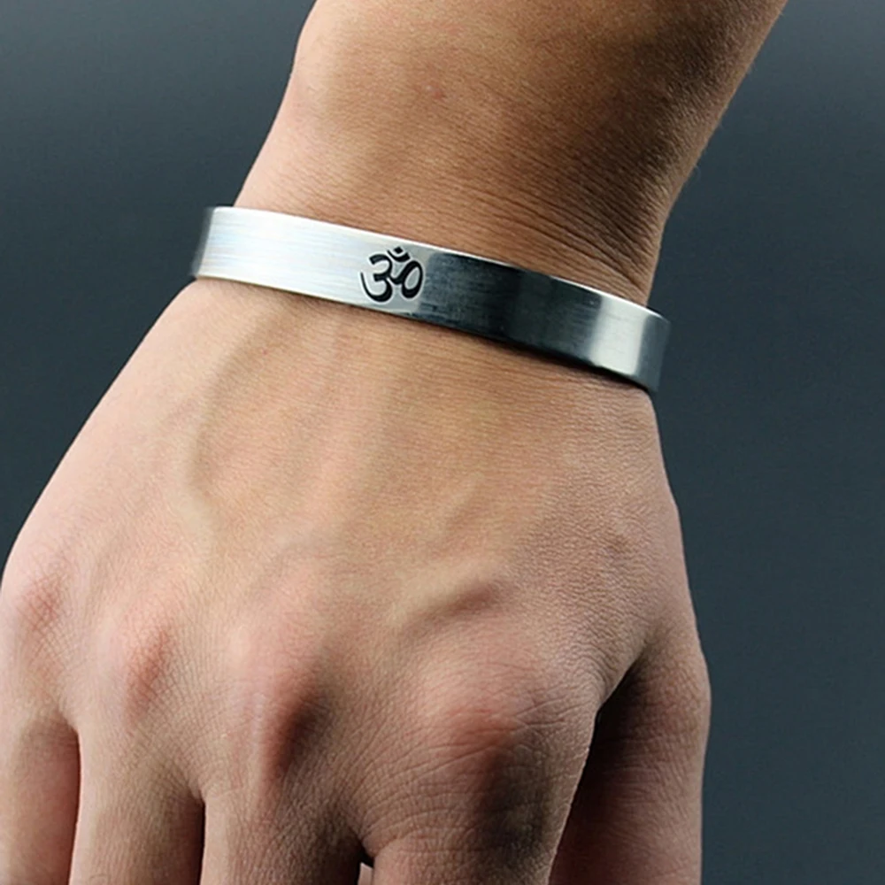 DOTIFI Stainless Steel Indian Sanskrit OM Symbol Bracelet Men And Women Fashion Simple Hindu Yoga Opening Glossy Jewelry Gifts