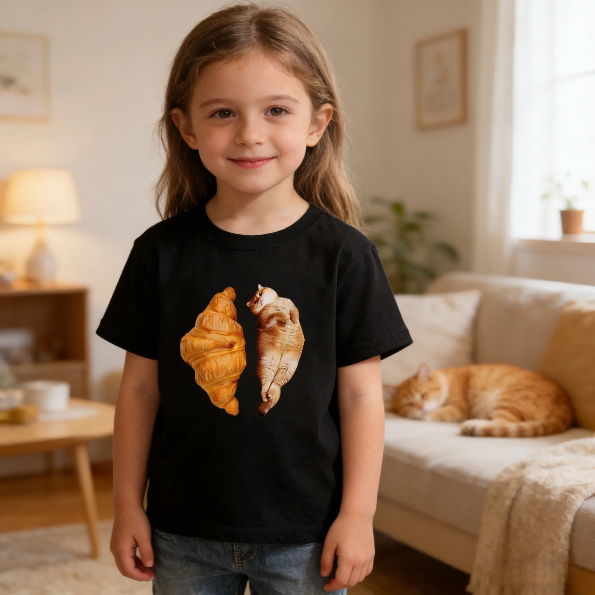 Cute Croissant Cat Print Kids Casual T-Shirt Cotton Soft Loose Machine Washable for Outdoor Sports Daily Play