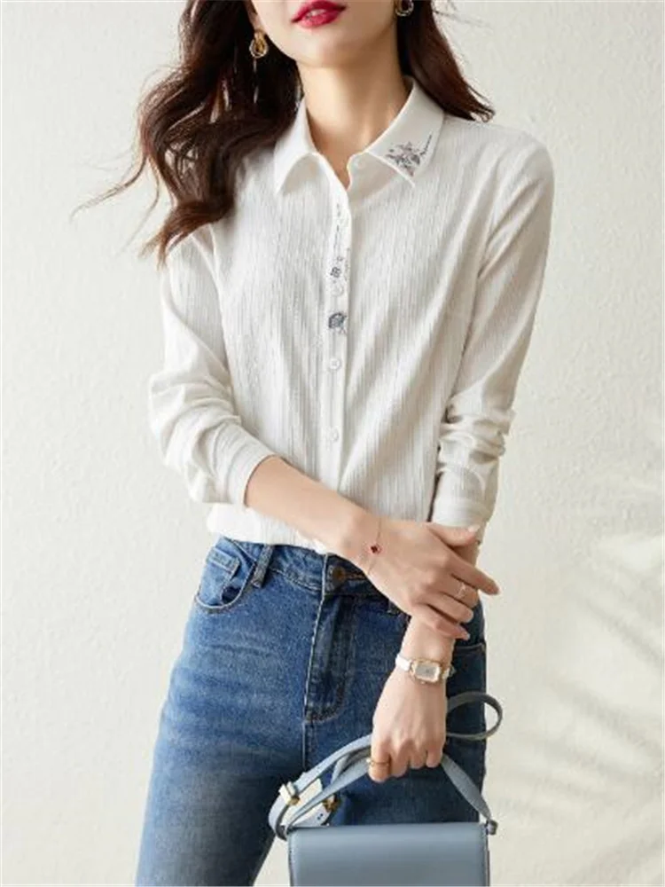 100% Cotton Shirt Women's Blouses Embroidery Shirt For Women National Art Versatile Slim Top Long Sleeve Leisure Female Shirts