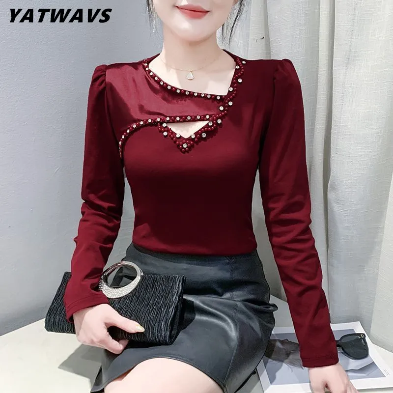 

Новые модные женские сексуальные футболки с длинными рукавами и v-образным вырезом, одежда, элегантные тонкие шикарные топы с бриллиантами, женские хлопковые футболки высокого качества