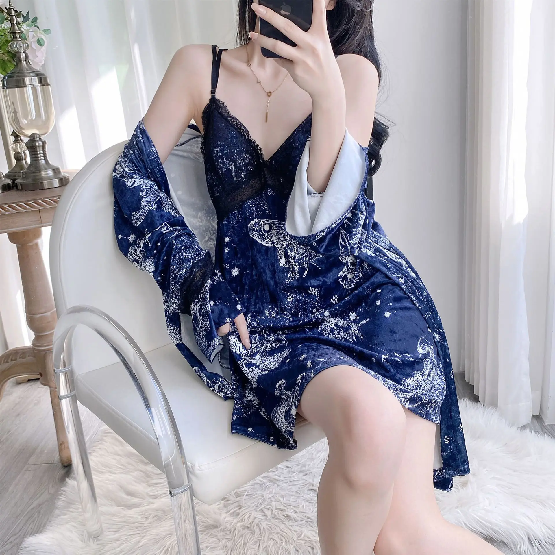 Print Gold Velvet Women Homewear Kimono Bathrobe Gown Lace Trim 2PCS Robe Set Loose Casual Lounge Wear Velour Sleepwear