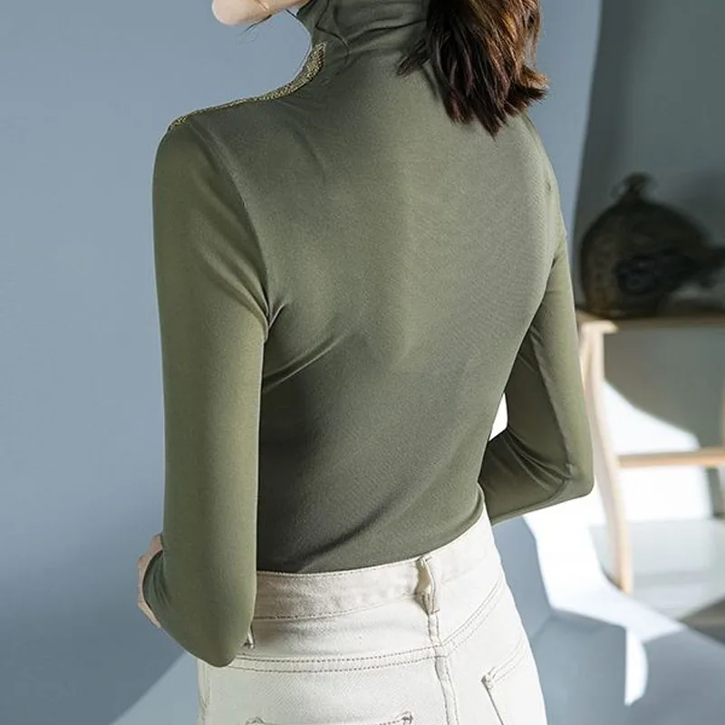 Camiseta lisa empalmada con lentejuelas delgadas coreanas para mujer, ropa de malla de manga larga, Tops de cuello alto que combinan con todo, moda