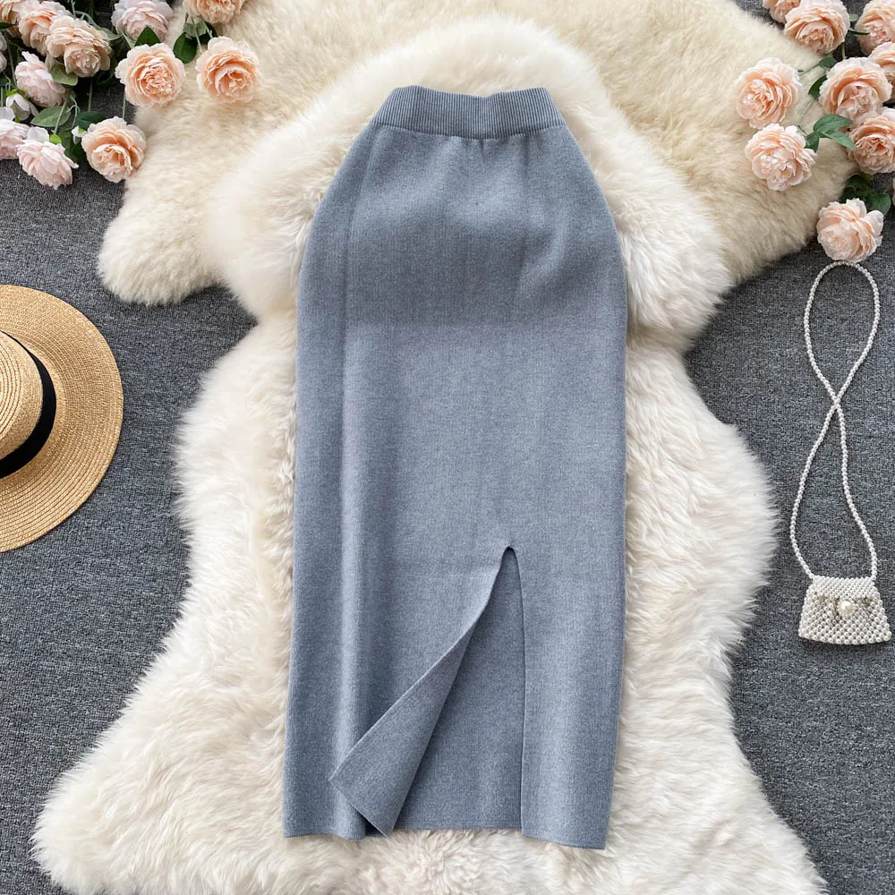 Women Vintage Knitted Elegant Split Slim High Pencil Skirt French Casual Office Lady High Street Autumn Winter Elastic Clothing