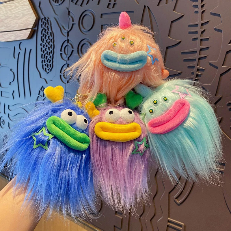 

Cartoon Pentacle Hair Clip Cute Ugly Big Nose Three Eyes Monster Keychain Funny Took-toot Lip Plush Pigtail Doll KeyChain Gift