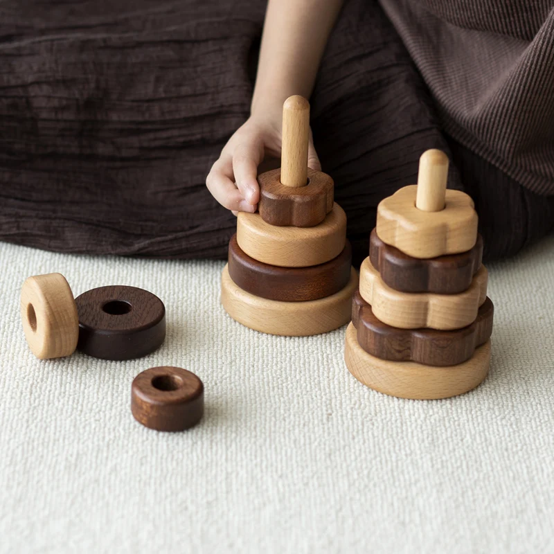 

Early education solid wood stacking ring music stacking tower stacking set educational toys August 1-year-old baby ring column