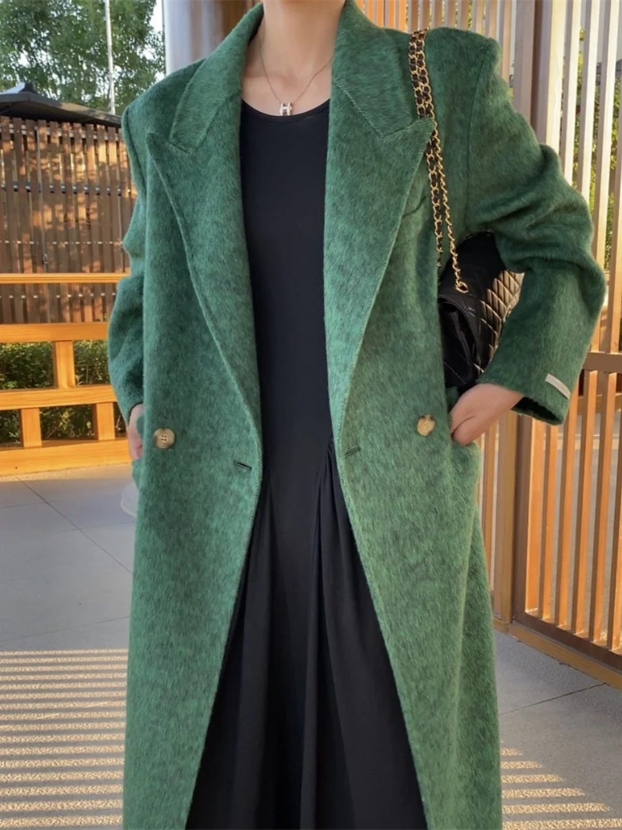 Doppelseitiger Kamelwolle-Camere-Mantel für Damen, mittellang, lockere Passform, gerade gestreifte Wolloberbekleidung, koreanische Sle Commute