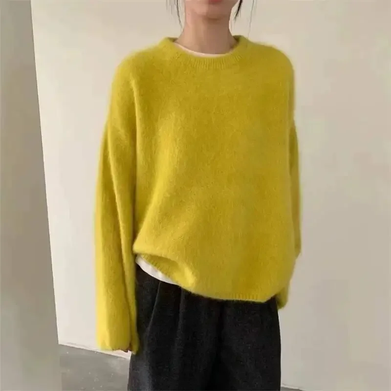 Morbido maglione pullover in velluto imitazione visone per donna Chic nuovo allentato O-collo lavorato a maglia Top autunno inverno abbigliamento