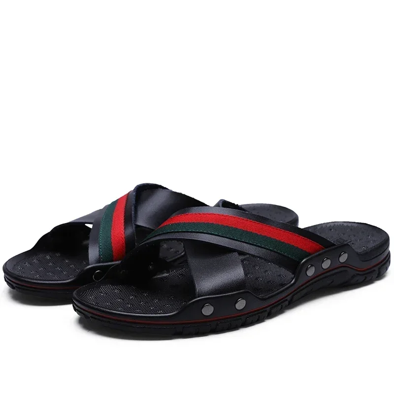 2024 Summer Men Slippers Fashion Leather Cross Strap Beach Water Shoes Man High Quality Slippers Big Size 48