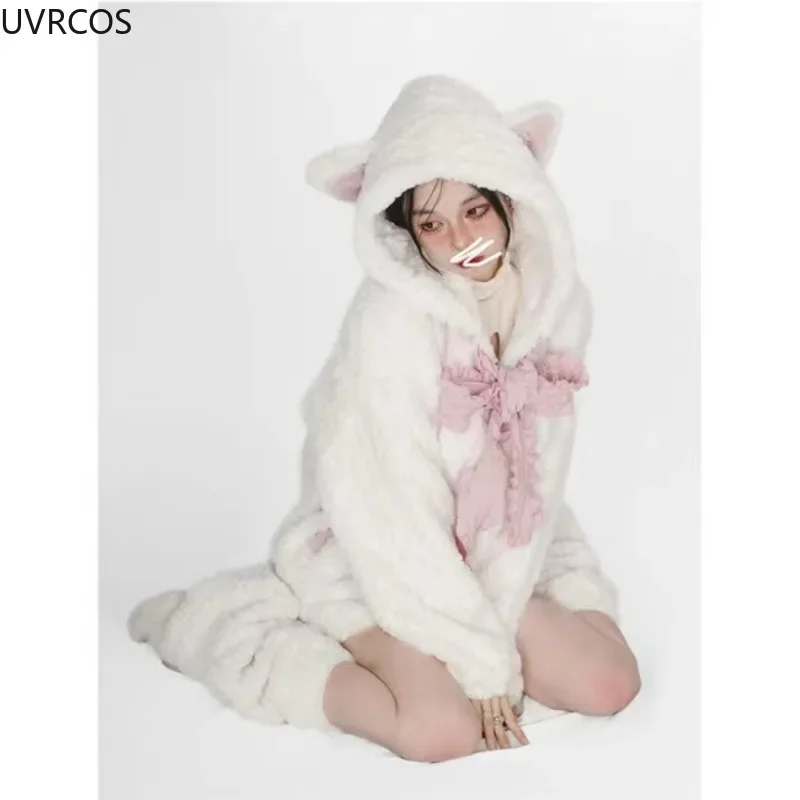 Sudaderas con capucha gruesas Harajuku Y2k para mujer, Abrigo con capucha de oreja de gato con lazo Kawaii, sudaderas sueltas informales góticas