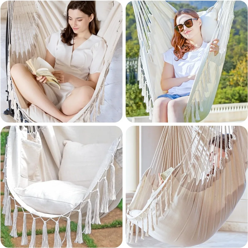 PNAEUT Hammock Swing Hanging Chair with Handmade Tassels, Max 550 Lbs, Large Macrame Hanging Chair with Pocket, Cotton Weave for