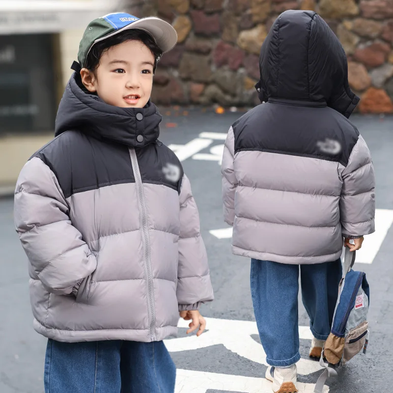 Autumn and winter new children's down jackets for boys, girls, babies, medium and large children, thick and short color blocked