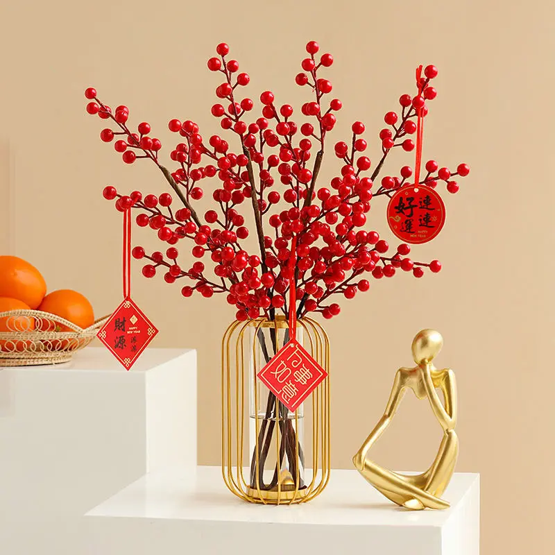 Chinese Metal Frame Glass Vase Red Fortune Fruit New Year Ornaments Home Livingroom Coffee Table Furnishing Decoration Crafts