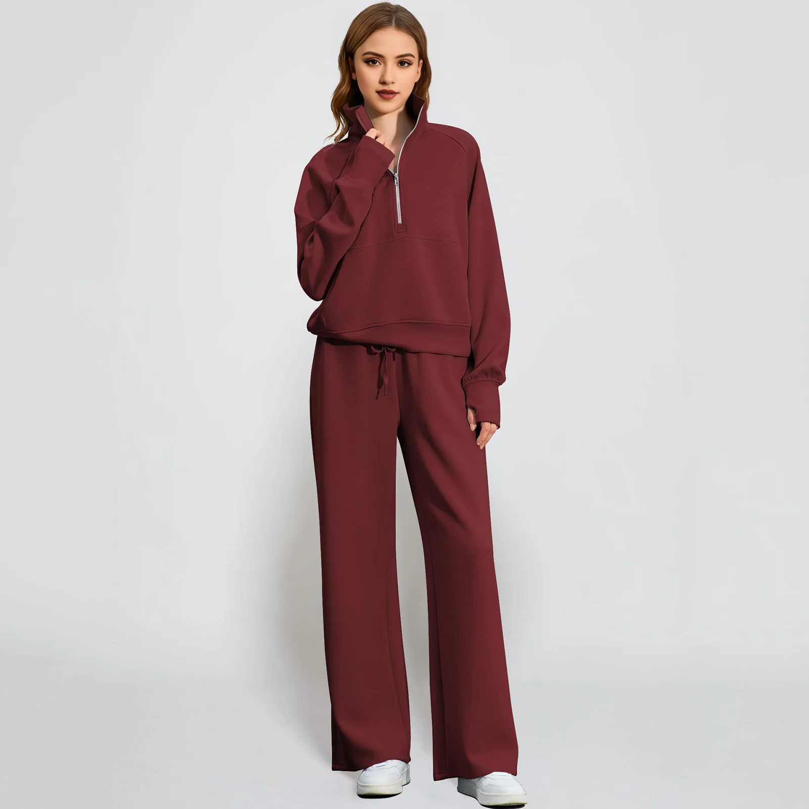 2Pcs Women Autumn Sweatshirt Pant Set Solid Color O Neck Long Sleeve Top Drawstring Pants Suit Sport Tracksuit Ladies Clothing